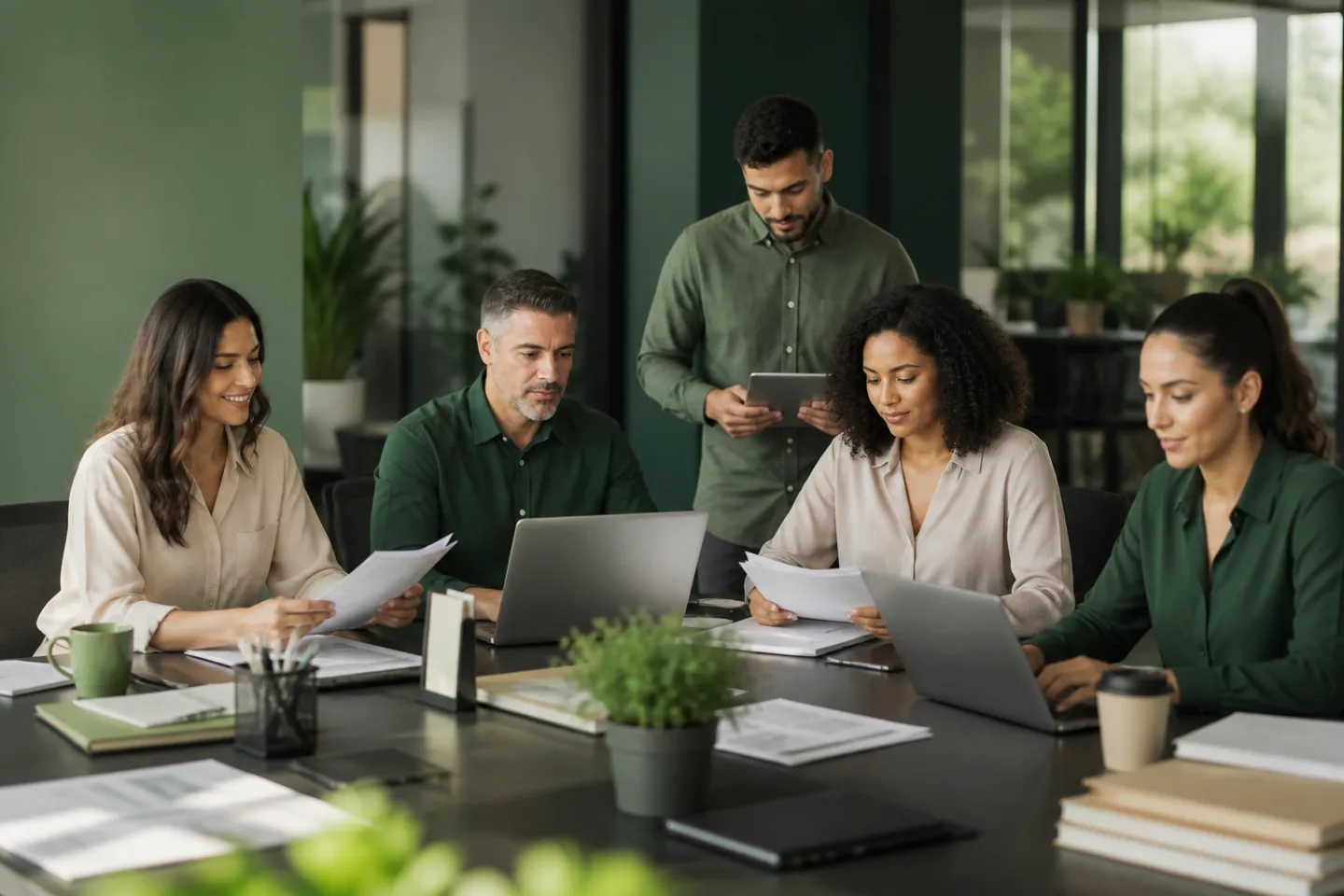 Equipe diversa de Departamento Pessoal colaborando em uma rotina organizada